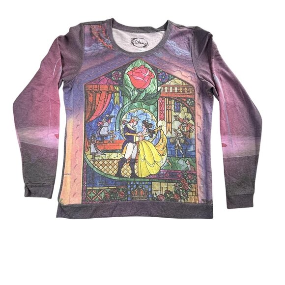 Disney Beauty and the Beast Shirt Womens Large Stained Glass Pullover Rose Top - Picture 1 of 12